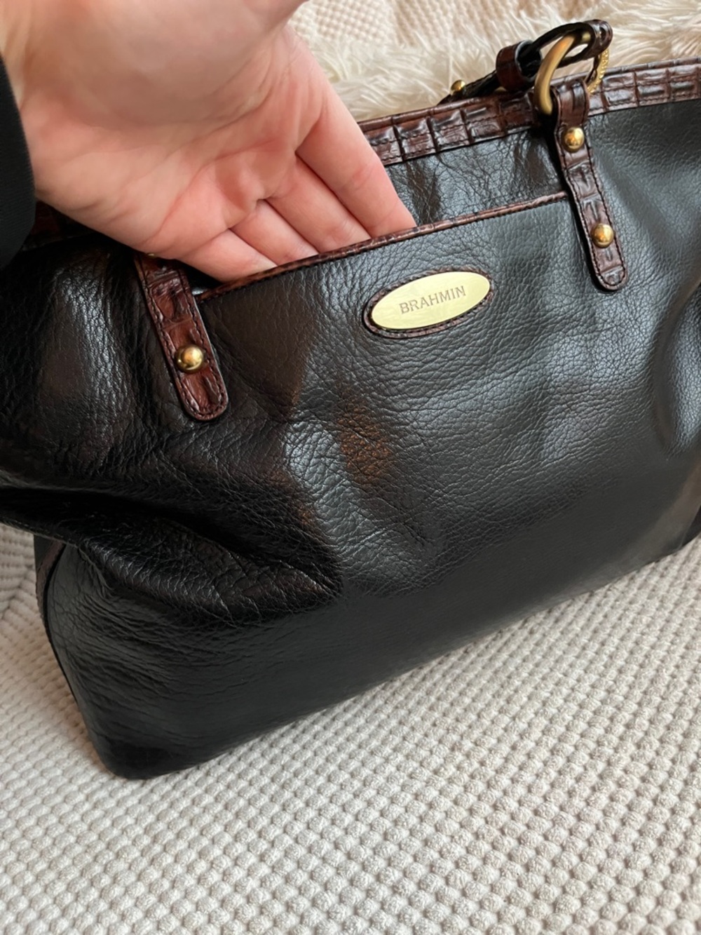 Brahmin Arno Tuscan Tote - Black Leather Tote w/ Brown Croc Trim - Picture 4 of 16